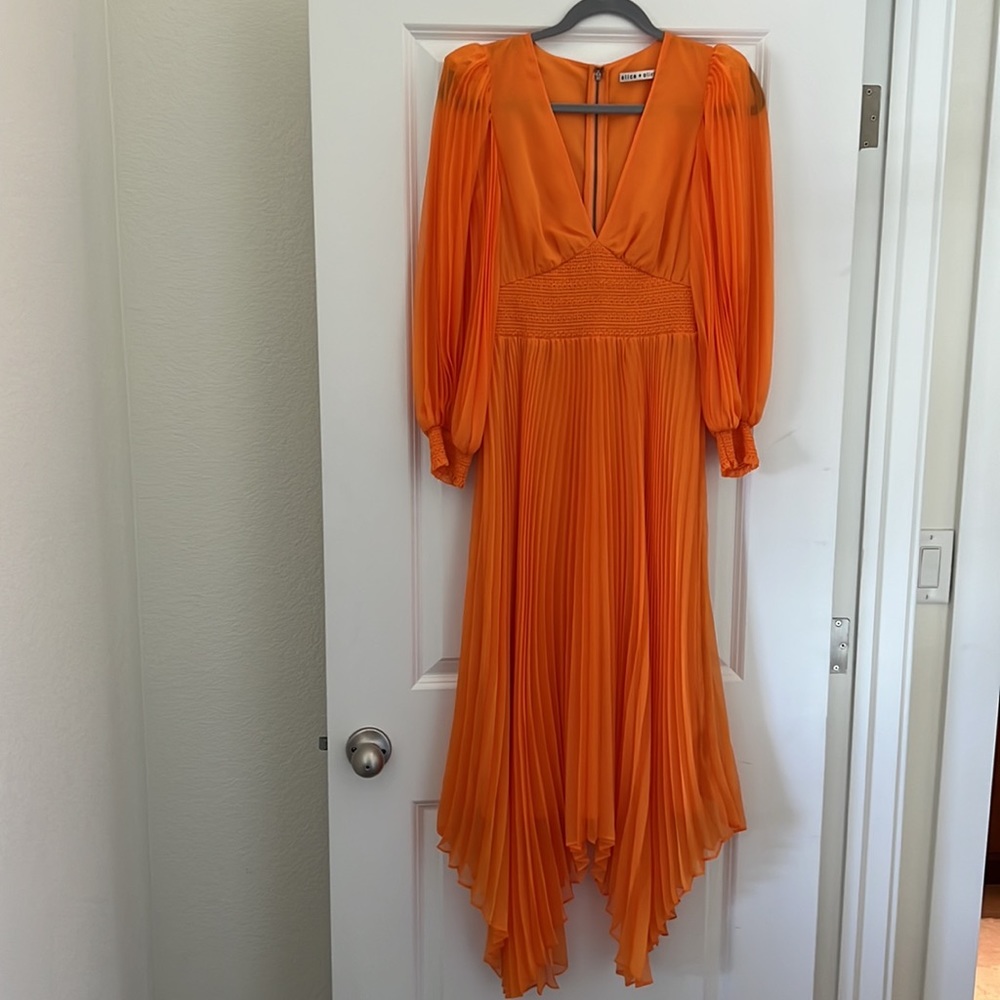 Alice + Olivia Sion Midi Sun Dress Sz 2 Tangerine Pleated Chiffon Puff Sleeves - Picture 4 of 7